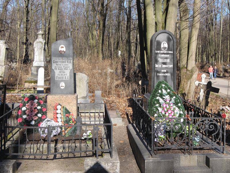 Братская могила, в которой похоронены Герой Советского Союза М. А. Советский и гвардии старший лейтенант А. А. Гожев